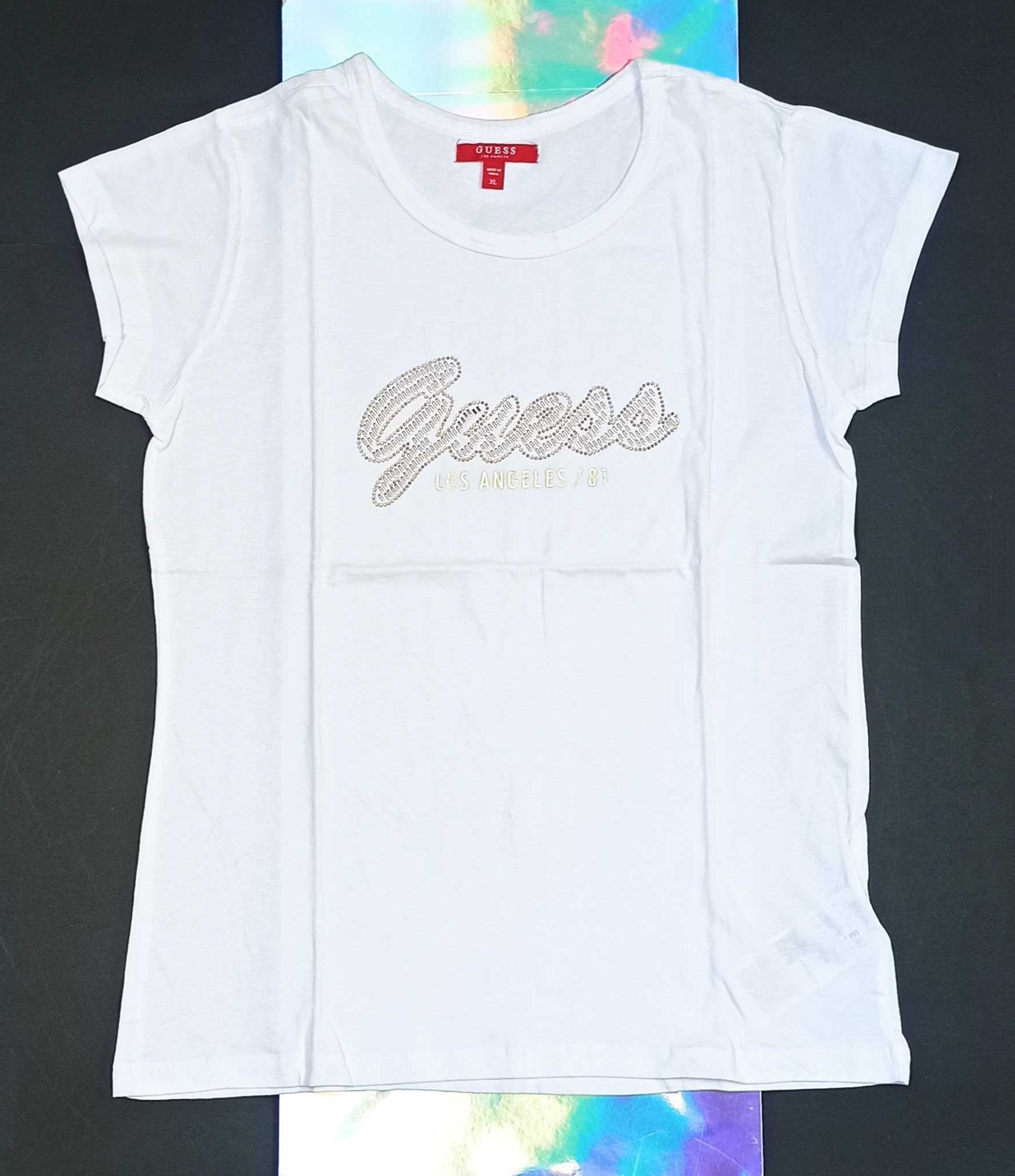 GUESS Oryginalna! Koszulka T-Shirt Bluzka Biala Zlota Napis Logo