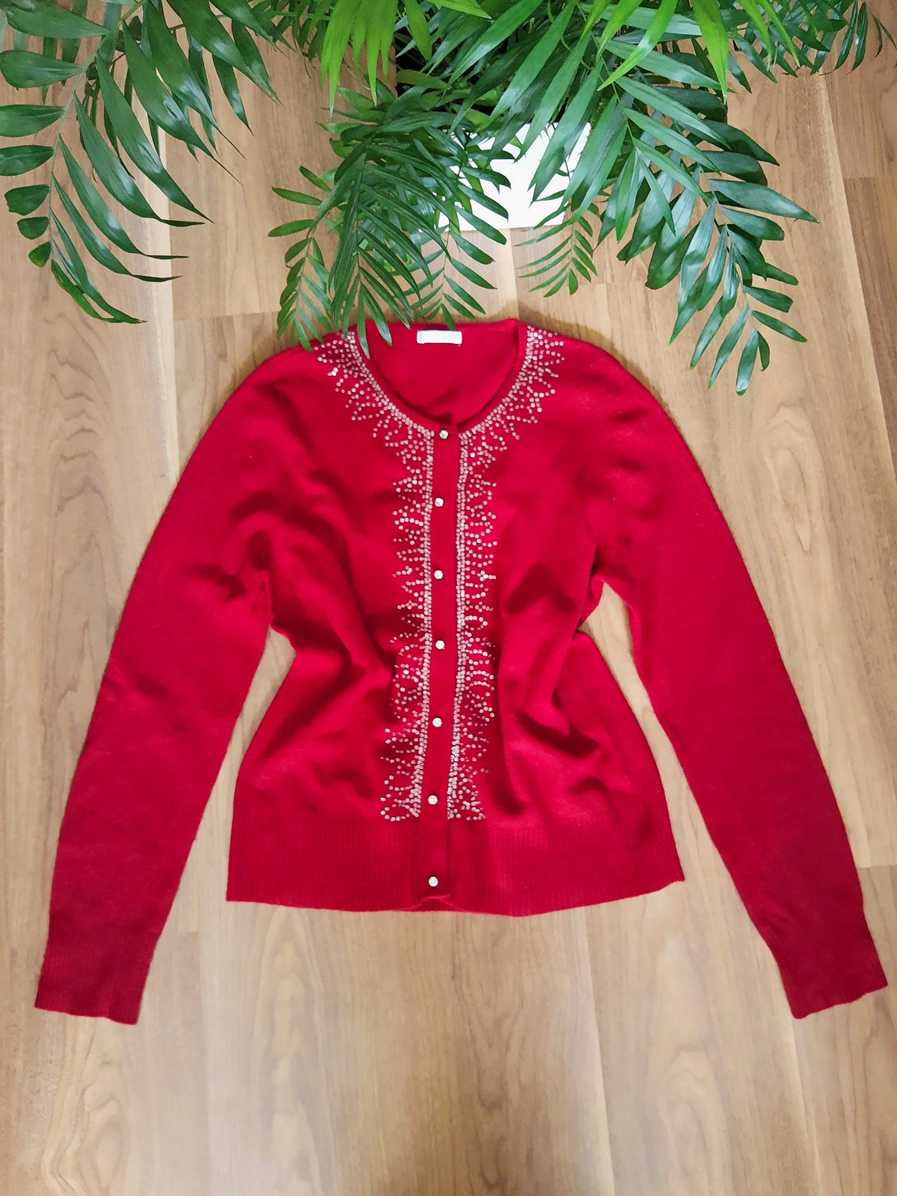 Malinowy wełniany elegancki sweter kardigan czerwony na guziki wełna
