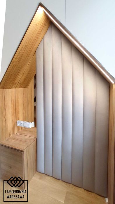 Łóżko tapicerowane montaż panele wnęki zabudowa sypialnia Tapicer