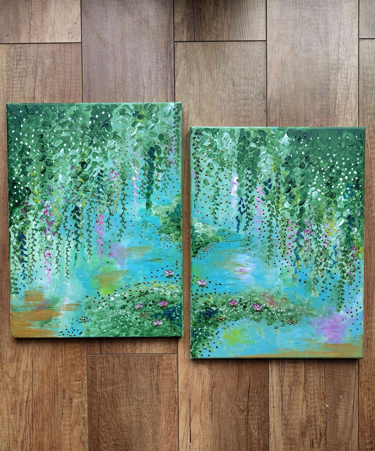 Obrazy ręcznie malowane las łąka dyptyk