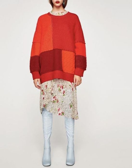 Яскравий червоний оверсайз печворк светр zara вʼязаний