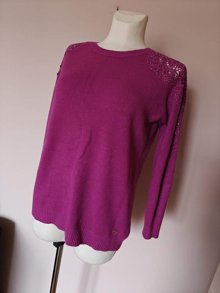 Sweter fuksja fioletowy burgundowy koronkowy kryształki L XL 40 42