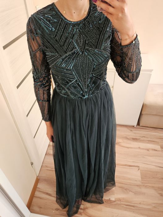 Sukienka maxi Coast 38 M butelkowa zieleń tiulowa zdobiona cekiny