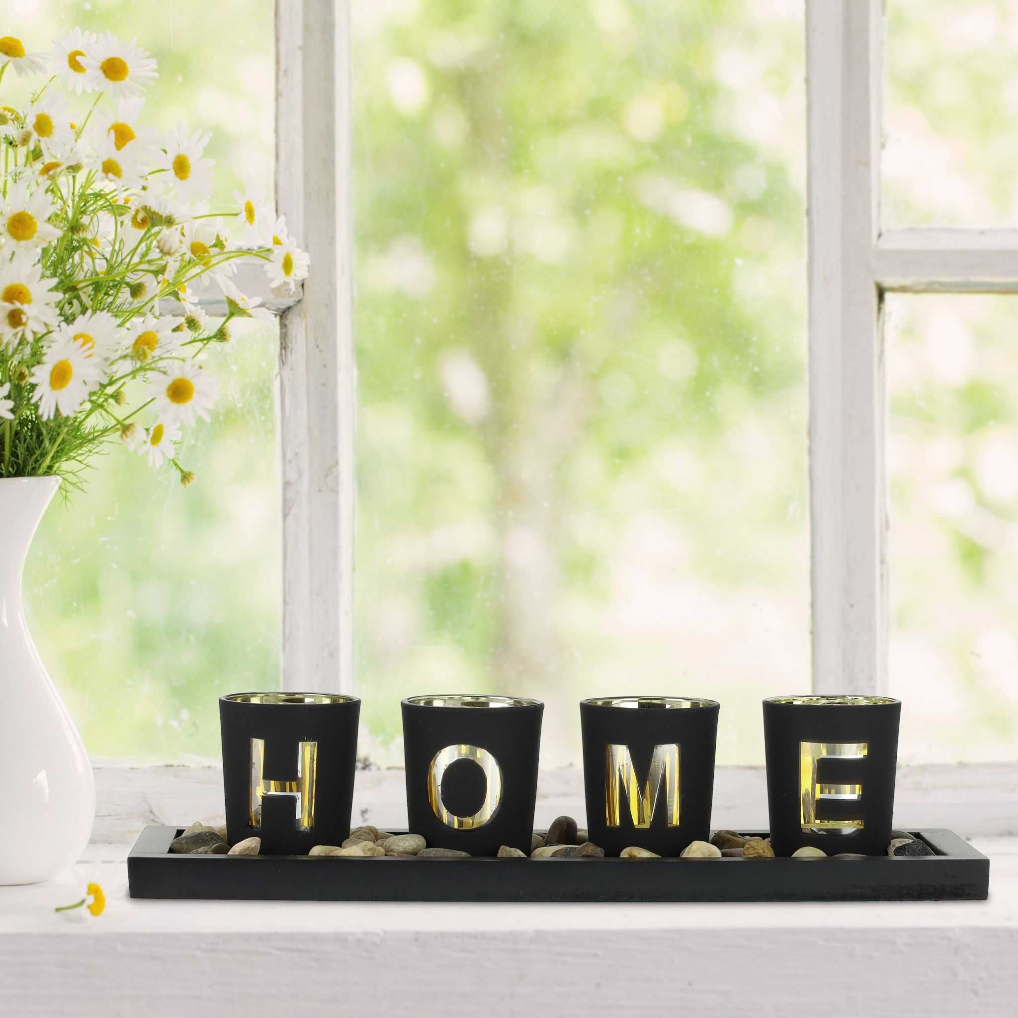 Świecznik z napisem "HOME" czarno złoty szklany Relaxdays