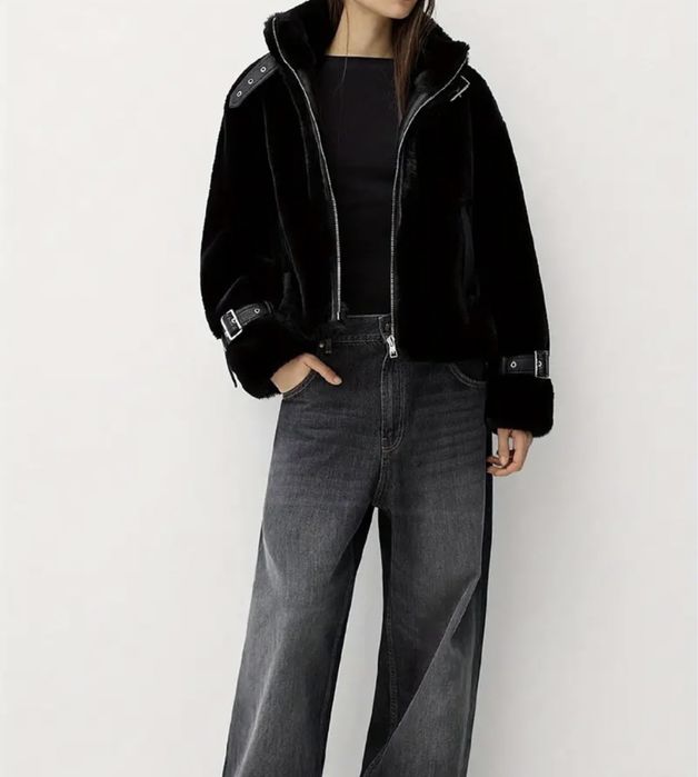 Укорочена еко-шуба з шкіряними деталями