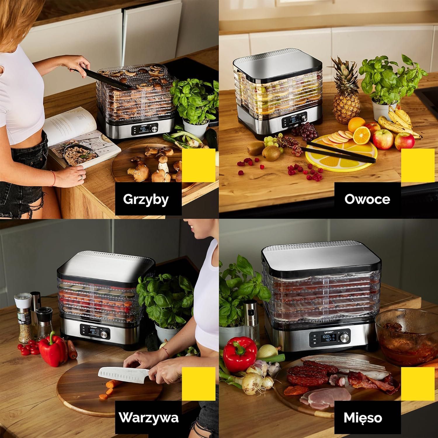 Duża suszarka do grzybów owoców Yoer 450W INOX timer 6 sit