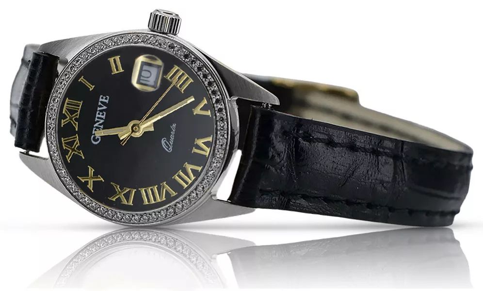 Zegarek damski z białego złota 14k Geneve z czarną tarczą lw078wdbc K