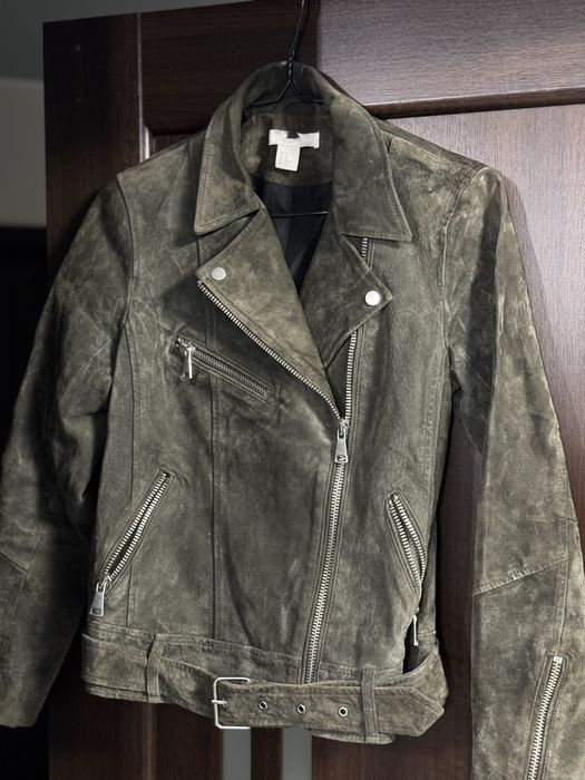 Шкіряна замшева куртка зеленого хакі кольору h&m