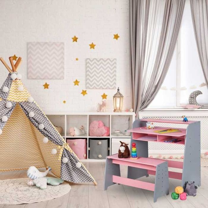 Zestaw mebli dziecięcych bIurko i ławka Relaxdays różowo-szare