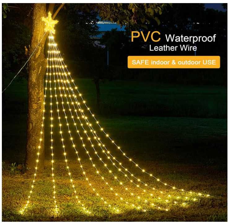 Lampki świąteczne na choinkę z gwiazdą, 9 pasm 2m 198LED, 8 trybów