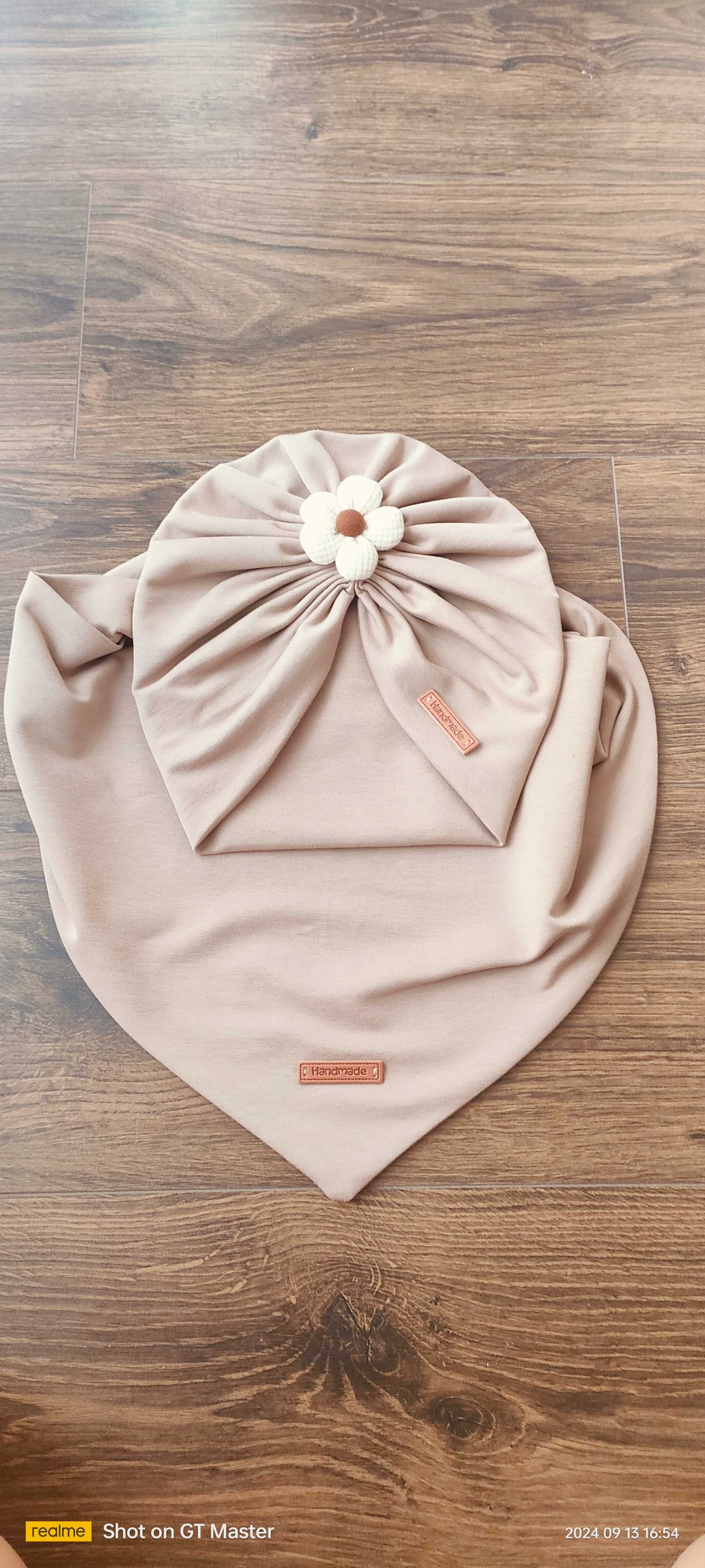 Komplet turban z chustą, z kwiatuszkiem, Handmade