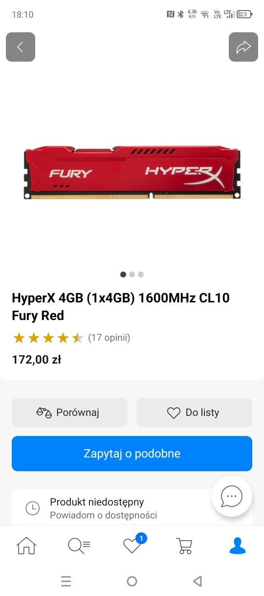Hiperx fury 2x4GB 1600MHz Cl10 Fury DDR3 red