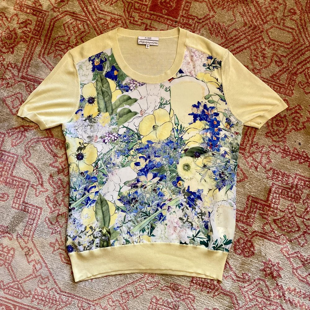 Żółta pastelowa jedwabna dzianinowa bluzka top kwiecisty print Erdem