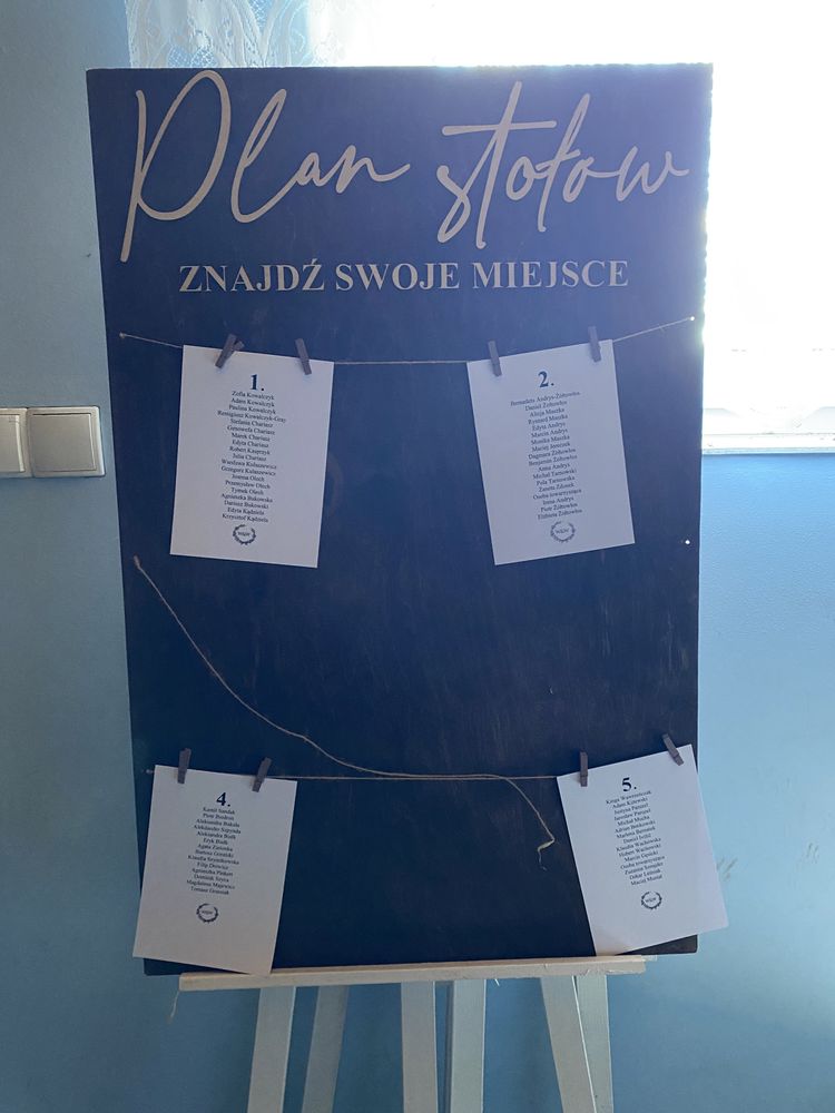 Tablica powitalna, plan stołów, sztalugi, ślub, wesele
