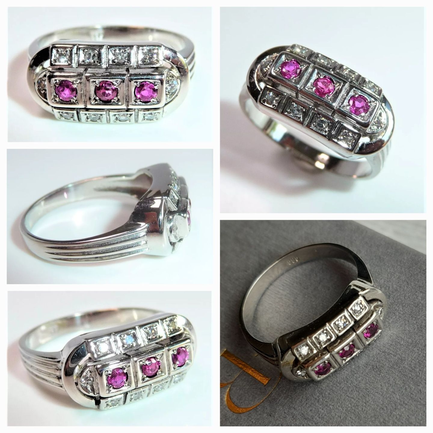 R.16 Pierścionek 4.7g Art Deco Rubiny Diamenty Złoto 585