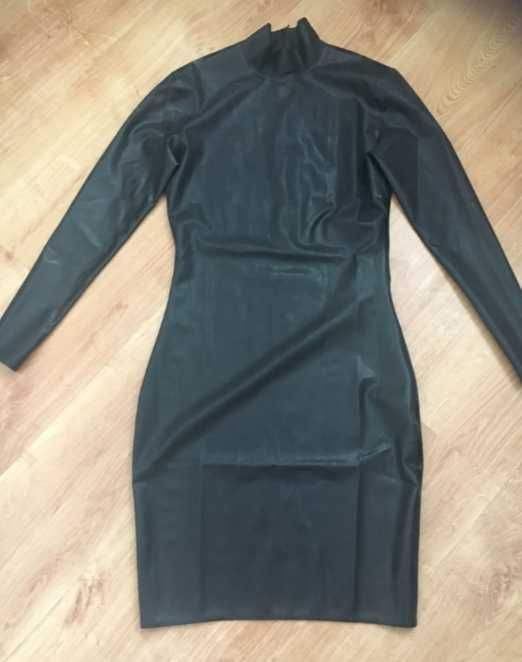 990/ Czarna Latex sukienka lateks 0,4 mm damska rozmiar XL długi rękaw