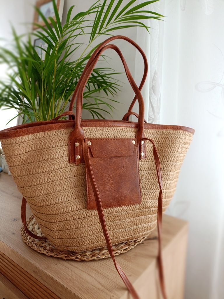Torebka shopperka pleciona na wiosnę lato na plażę brązowa Boho