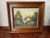 Antiga pintura a óleo de paisagem campestre