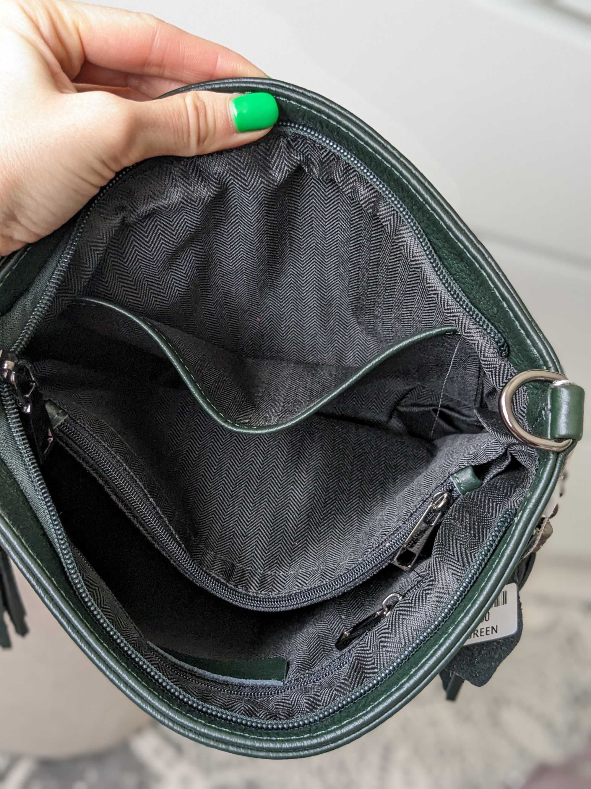 Шкіряна фактурна сумка на 2 ручки ( темно-зелена)