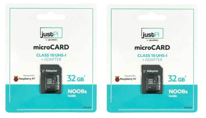 Zestaw dwie karty pamięci justPi microSD 32GB 100MB/s + system NOOBs +