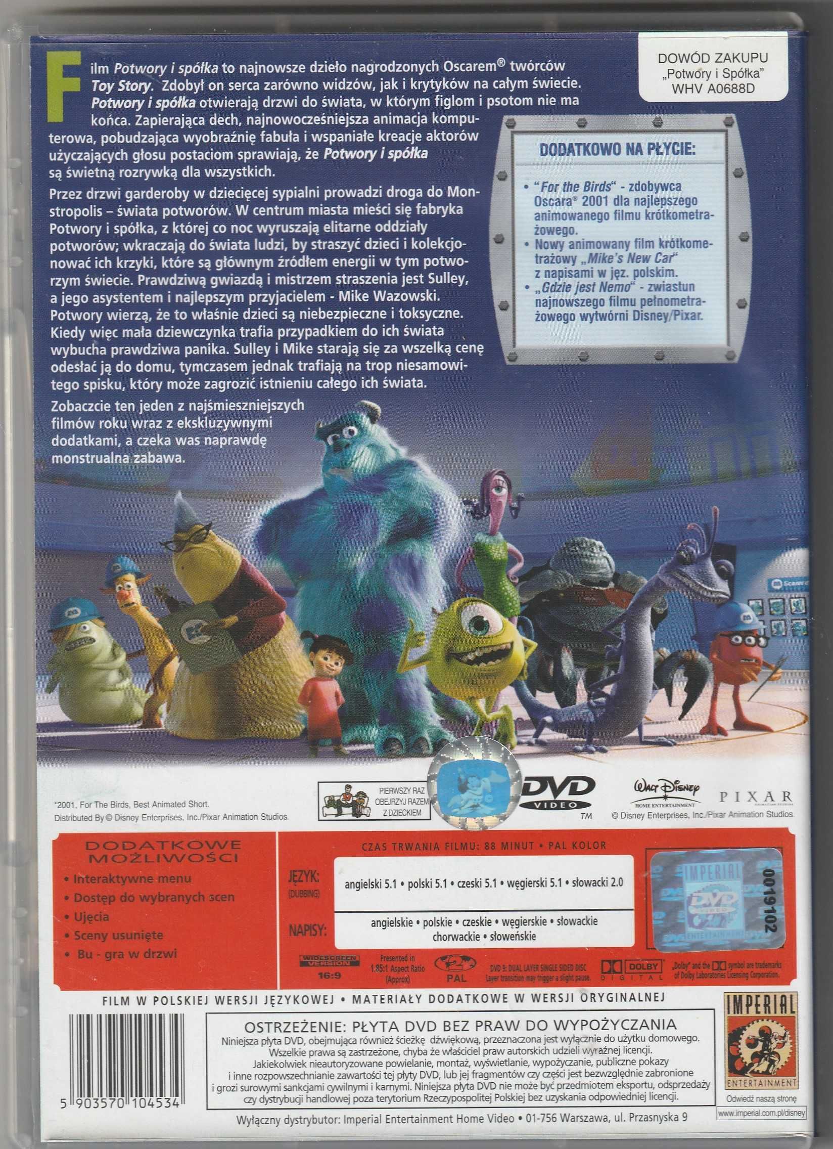 Potwory i Spółka Disney DVD unikatowa okladka