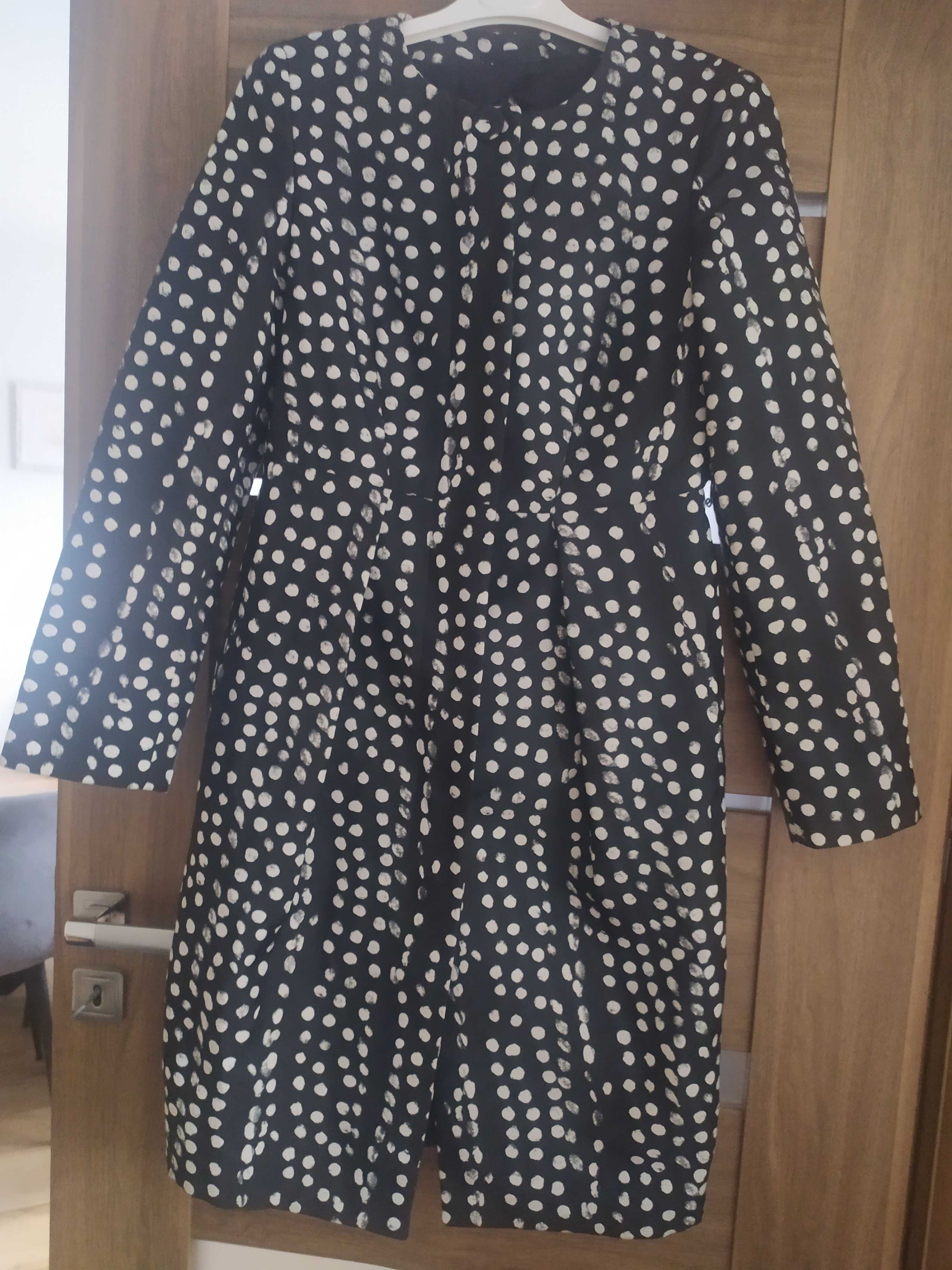 Elegancki płaszcz Max Mara 38 M czarny białe grochy kropki jesienny