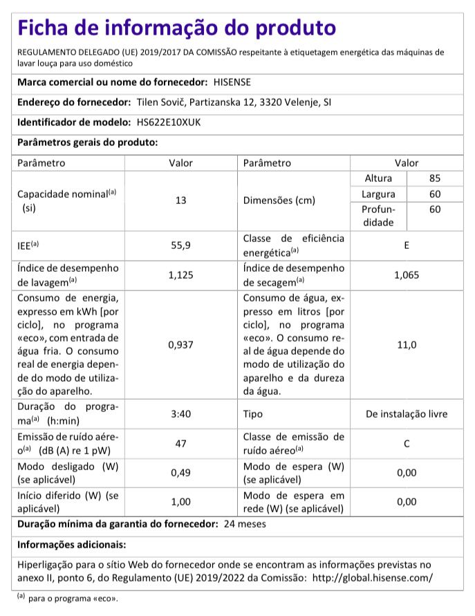 Máquina de Lavar Loiça HISENSE HS622E10X