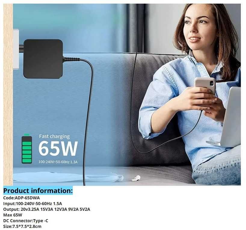 Блок питания (зарядное) 65W typeC для смартфона, планшета, паяльника
