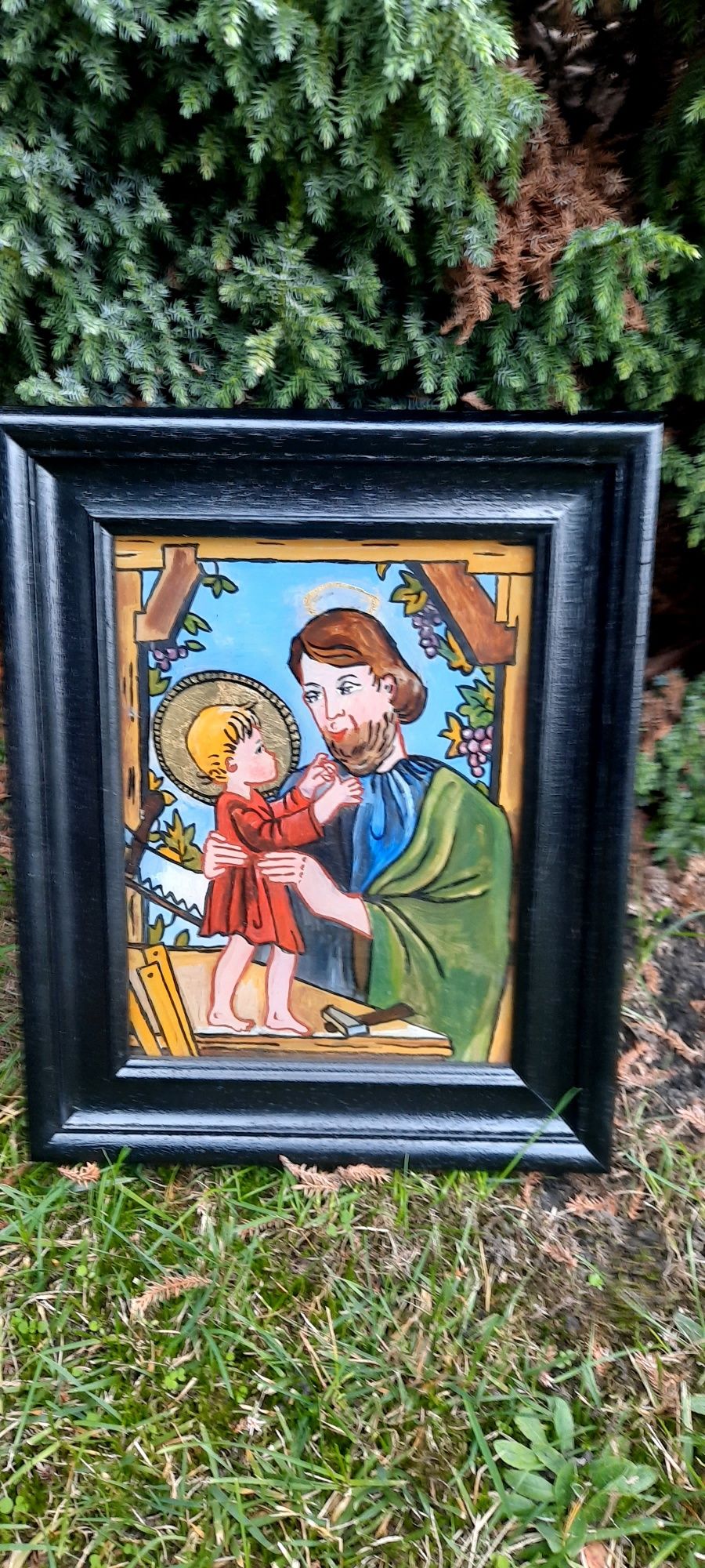 Antyk, prześliczny religijny obraz na szkle Święty Józef  z Jezusem