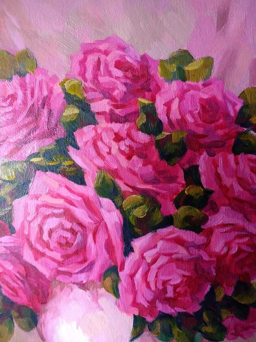 Картина маслом "Малиновые розы"