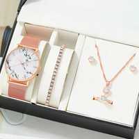 Zestaw biżuterii Rhinestone zegarek bransoletka kolczyki kolor różowe