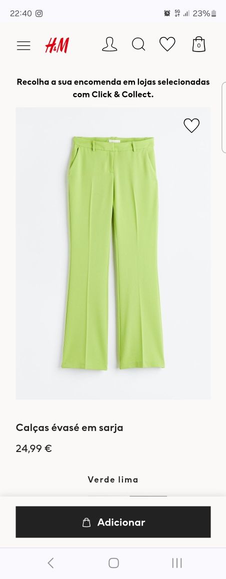Calças Sarja verde Alface da H&M