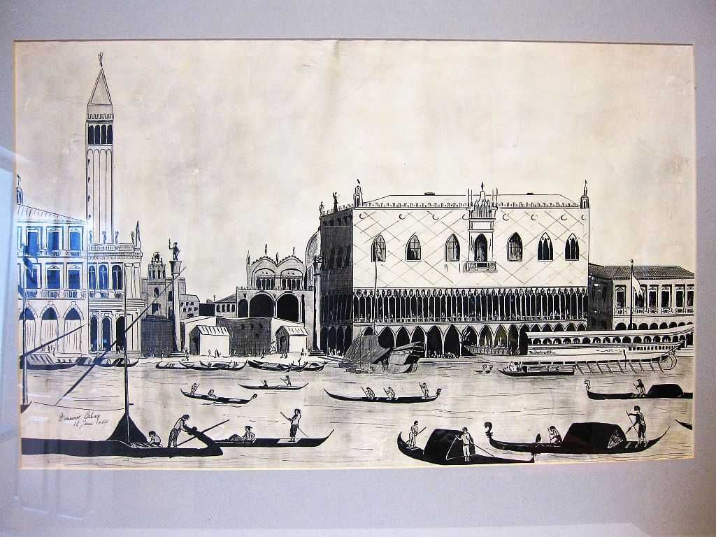 vintage paisagem veneziana em tinta da china - assinada e datada 1964