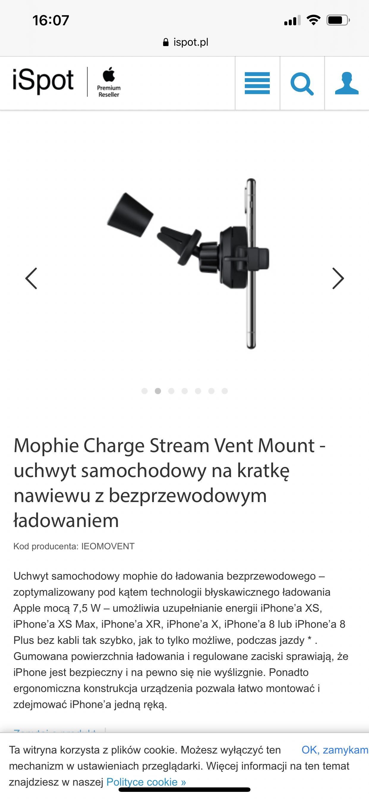 Mophie Charge Stream Vent Mount uchwyt na kratkę z ładowaniem