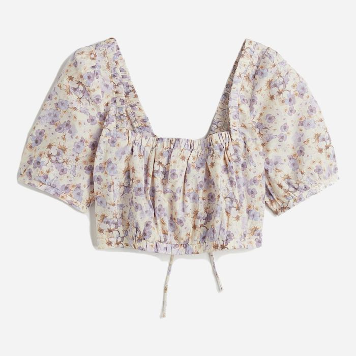 H&M XS-S LINEN BLEND lniany top bluzka z wiązaniem kwiaty kwiatuszki