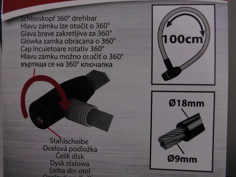Zapięcie Rowerowe Obejma Linka 1 metr 18mm 2 Kluczyki