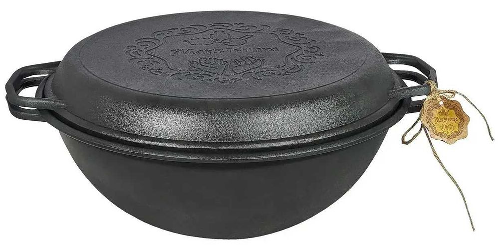 Казан чавунний узбецький об`ємом 12 л WOK із кришкою-сковородою гриль