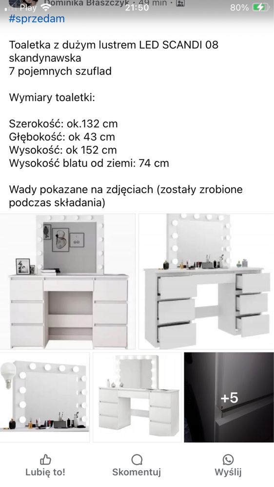 Toaletka biala lustro lampki