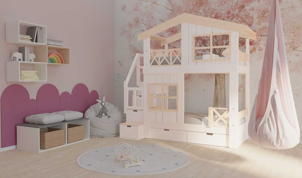 Łóżko piętrowe domek ze schodami Łóżko dla rodzeństwa