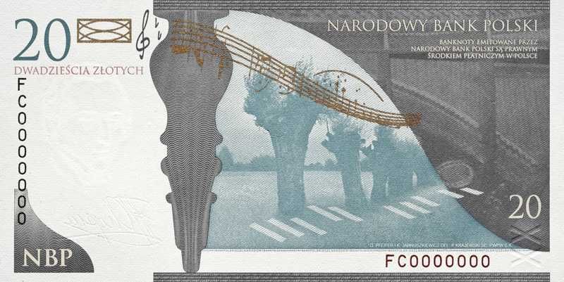 Banknot kolekcjonerski 20 zł. Chopin, UNC, oryginalna zgrzewka NBP