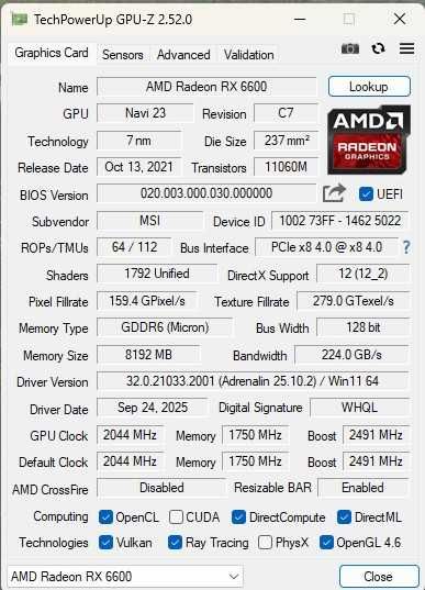 MSI Radeon RX6600 8GB GDDR6