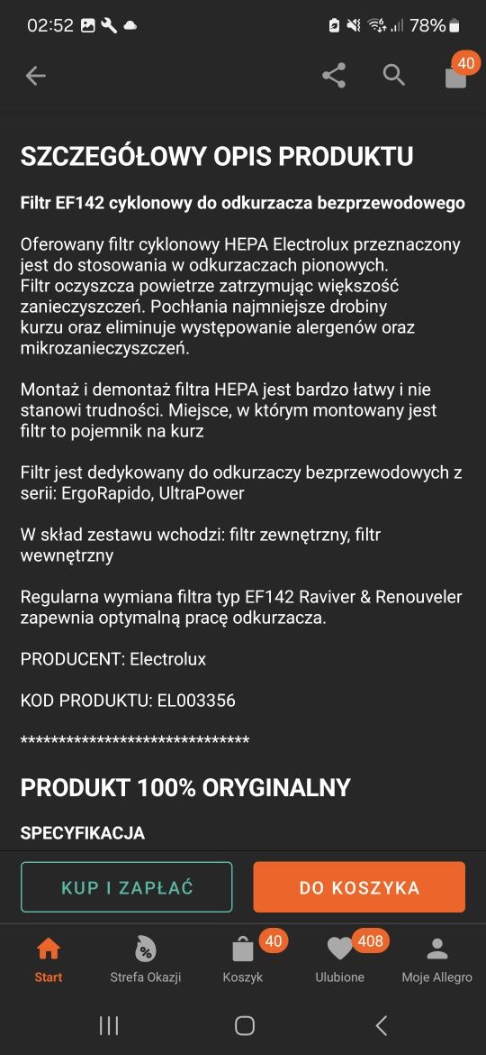Filtr electrolux ef142