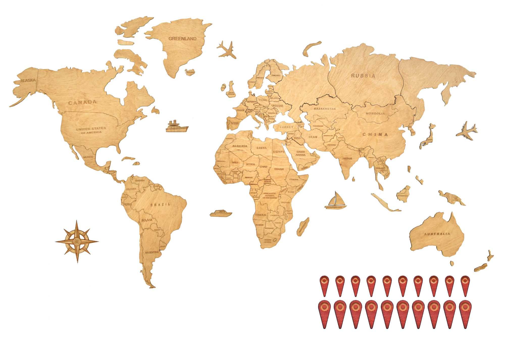 Drewniana Mapa Świata PREMIUM 120x70 cm Polskie Nazwy Państw + Pinezki