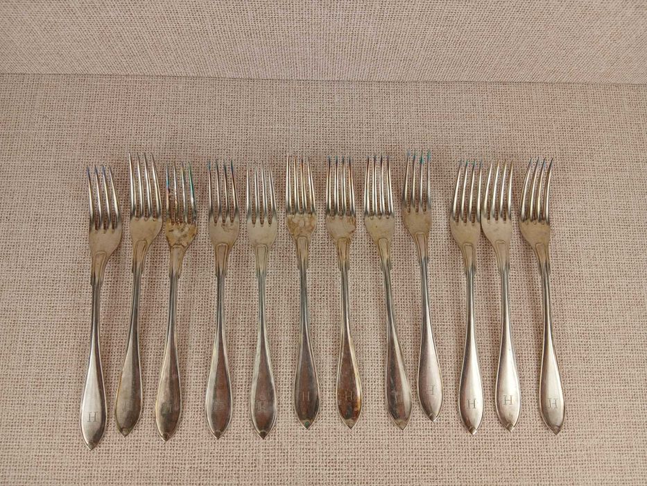 Zestaw 12 widelców Prima NS ALP Szwecja Posrebrzane 19 cm Inicjał H