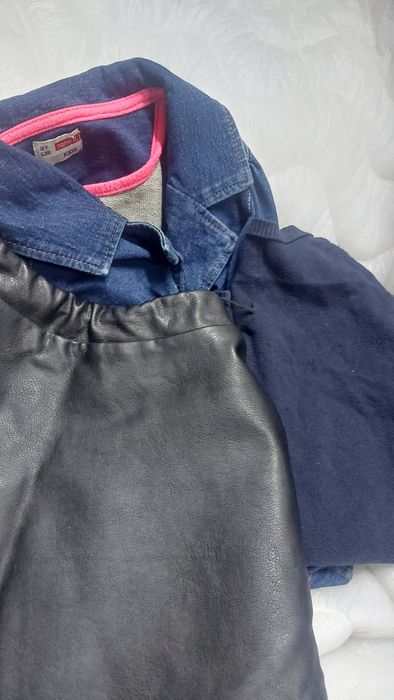 Paka ubrań 128 zestaw spódnica skórzana sweter bolerko dżinsowe