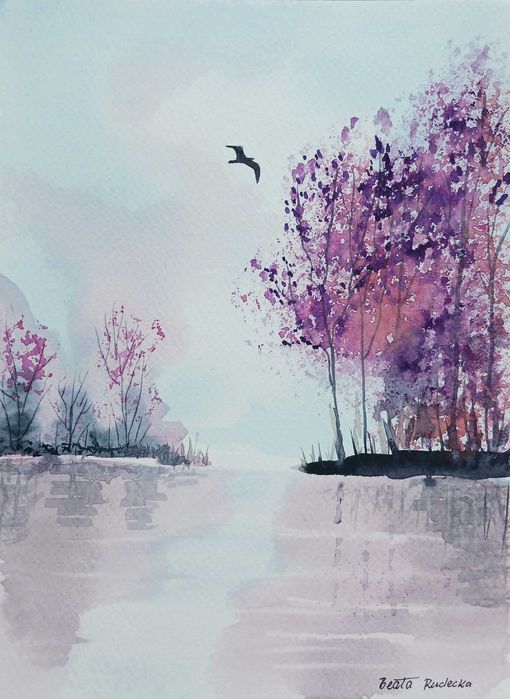 Akwarela Akwarelka Obraz pt. Nad Wodą 18 x 24 cm