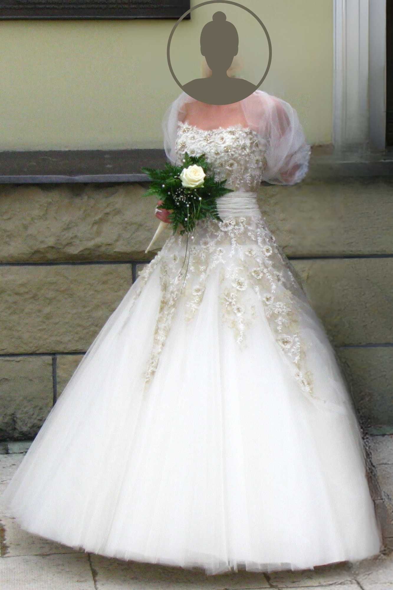Unikalna suknia ślubna z koronką, kamieniami Swarovski, vintage, ecri