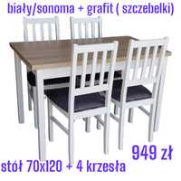 Nowe : STÓŁ + 4 KRZESŁA , biały/blat sonoma + grafit ( szczebelki )