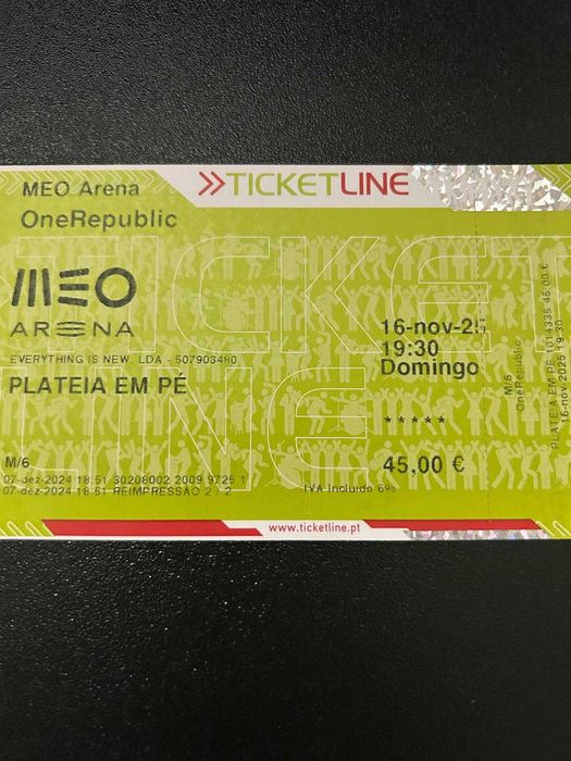 2 bilhetes OneRepublic 16/Nov/2025