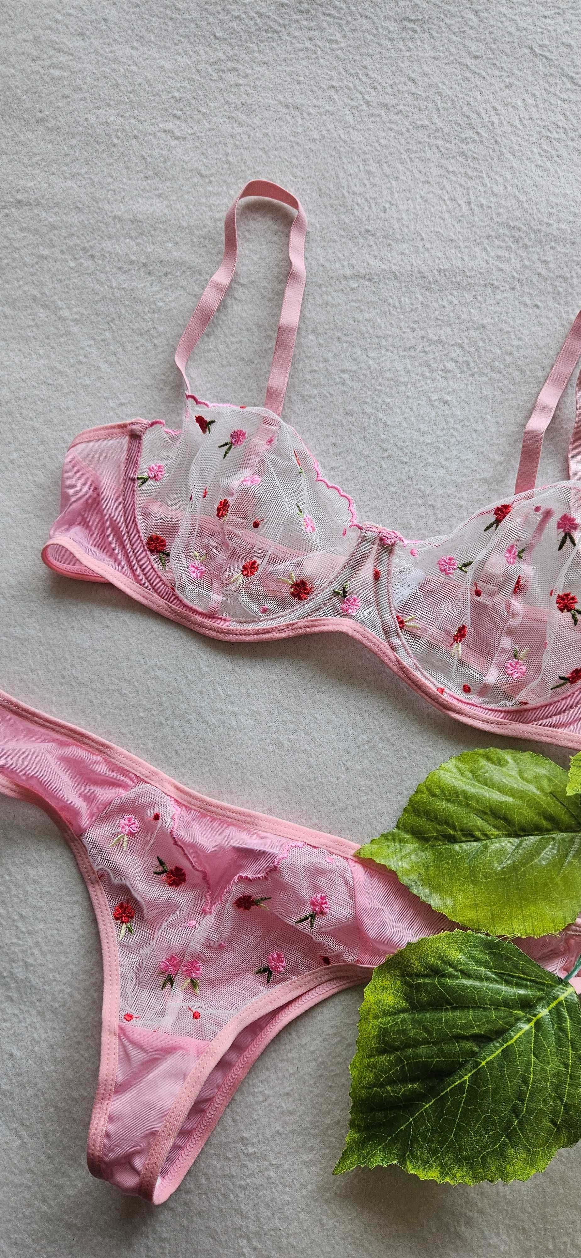 L 40 Różowy seksowny komplet bielizny stanik biustonosz stringi koronk